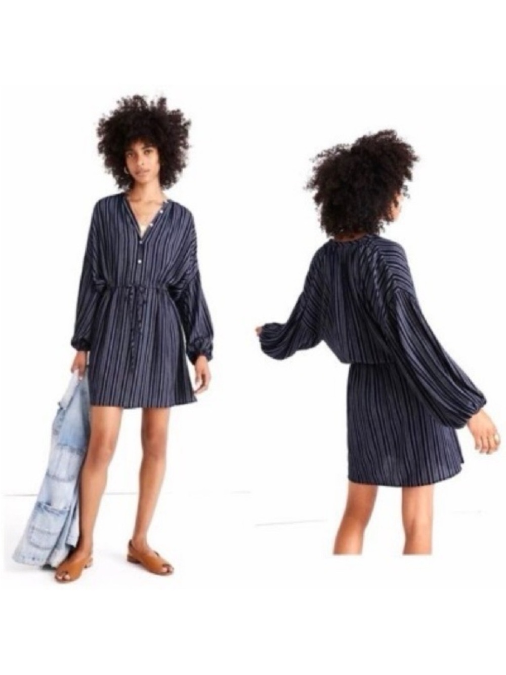 Christy Dawn Navy & White Striped Button-Front Long Sleeve Dress